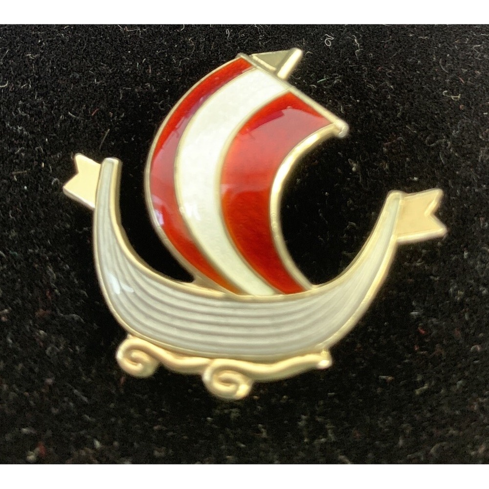 Norway‎ Sterling Silver Guilloche Enamel Viking Ship Pin Signed Aksel Holmsen